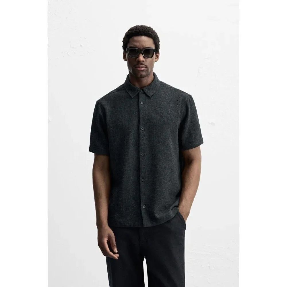 Zara Mens Button Up Shirt top L Dark Gray Textured Short Sleeve 4333/371 NWT